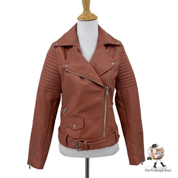 Love Tree Jackets & Blazers - Love Tree Jacket Womens S Small Muave Faux Leather Moto Belted Size Zip Ribbed